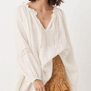 Long-sleeve Lace Trim Tie-front Top