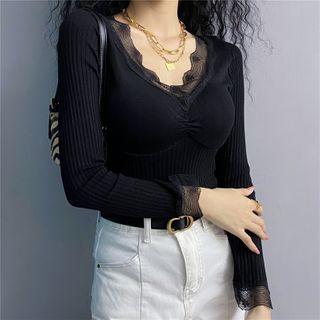 Lace Trim Knit Top Black - One Size