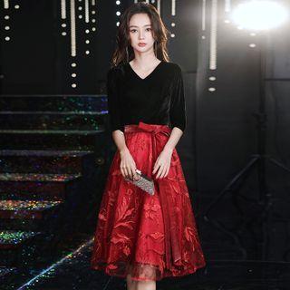 Elbow-sleeve Tie-waist Mesh Overlay A-line Cocktail Dress