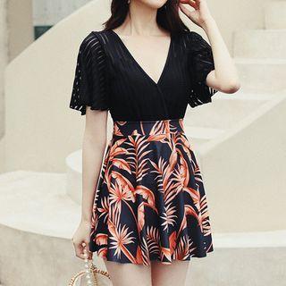Short-sleeve V-neck Print Panel Swim Dress