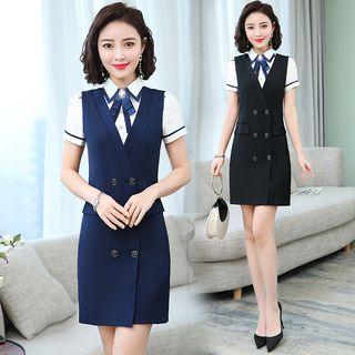 Set: Tie Neck Short-sleeve Shirt + Sleeveless Sheath Dress