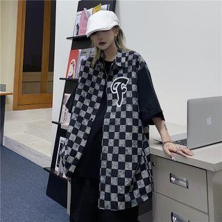 Short-sleeve Lettering Checkerboard Print Shirt