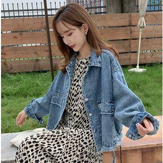 Long-sleeve Dotted Maxi A-line Dress / Denim Jacket