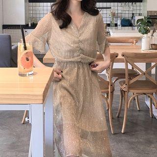 Short-sleeve Star Patterned A-line Dress