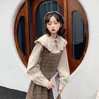 Plaid Pinafore Dress / Puff-sleeve Shirt