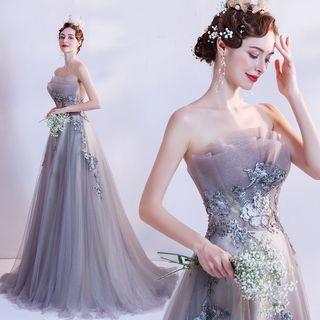 Floral Embroidered Mesh A-line Evening Gown