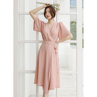 Bell-sleeve Midi Wrap Dress With Belt
