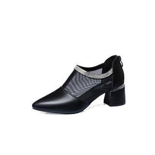 Chunky Heel Rhinestone Trim Mesh Panel Shoes