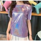 Short-sleeve Glitter Holographic T-shirt / A-line Mini Pleated Skirt