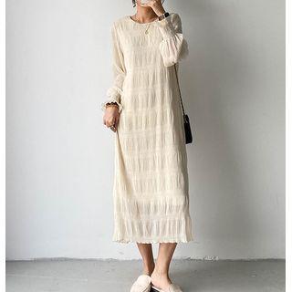 Long-sleeve Crinkle Chiffon Midi A-line Dress