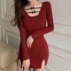 Long-sleeve Bow-accent Knit Mini Bodycon Dress