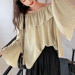 Printed Off-shoulder Long-sleeve Top Green - One Size