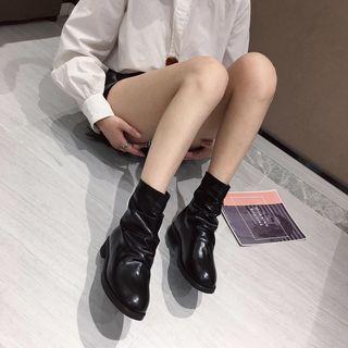 Faux Leather Crinkled Low Heel Short Boots