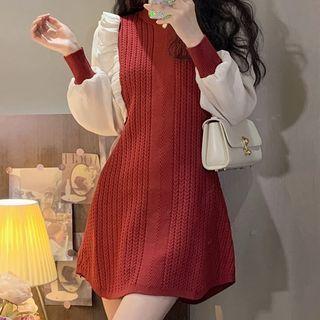 Lantern-sleeve Knit Panel Mini A-line Dress