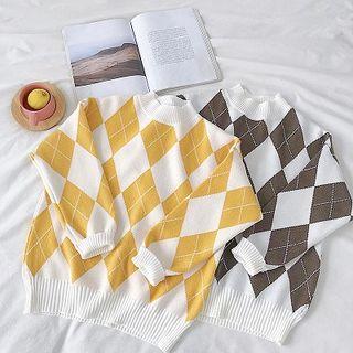 Color-block Argyle Long-sleeve Sweater