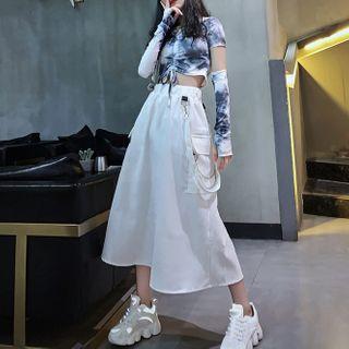 Short-sleeve Tie Dye Drawstring Crop Top / Arm Sleeves / Midi Skirt / Set