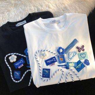 Short-sleeve Lettering Bow Print T-shirt