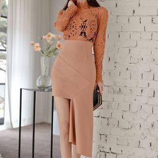 Long-sleeve Mock Two-piece Lace Sheath Dress
