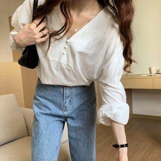Long-sleeve V-neck Eyelet Lace Striped Blouse