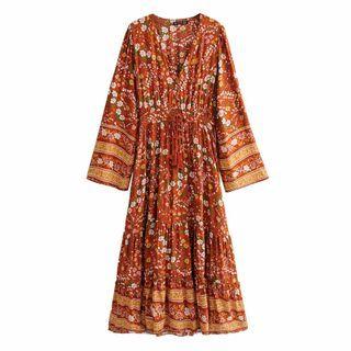 Long-sleeve Floral Print Smock Dress
