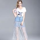 Set: Applique T-shirt + Lace Panel Denim Skirt