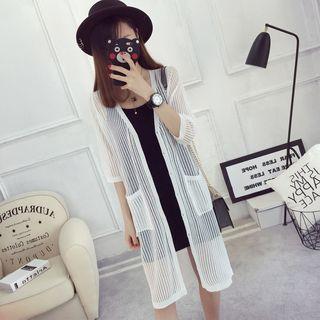 Striped 3/4 Sleeve Long Cardigan