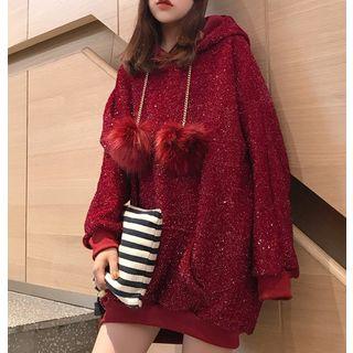 Loose-fit Glitter Pompom-accent Hooded Pullover