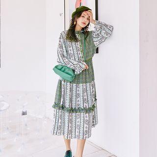 Floral Plaid Panel Long-sleeve Midi A-line Dress