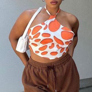 Halter-neck Asymmetrical Patterned Crop Top
