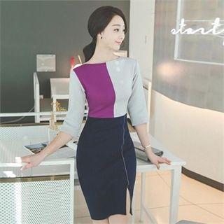 3/4-sleeve Color-block Sheath Dress