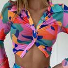 Color Block Long-sleeve Button-up Crop Top