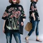 Elbow-sleeve Floral Print Turtleneck Sweatshirt Black - One Size