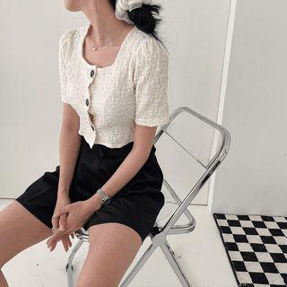 Square-neck Puff-shoulder Textured Blouse