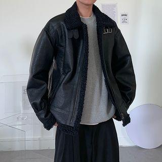 Belted Collar Faux-leather Fleece-lined Jacket