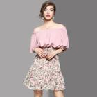Set: Off-shoulder Top + Floral A-line Skirt