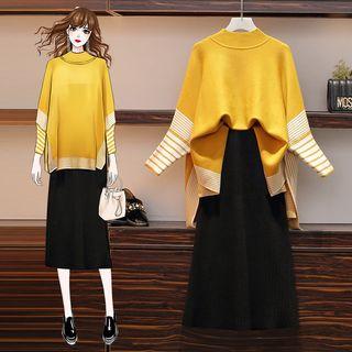 Set: Striped Sweater + High Waist A-line Knit Skirt