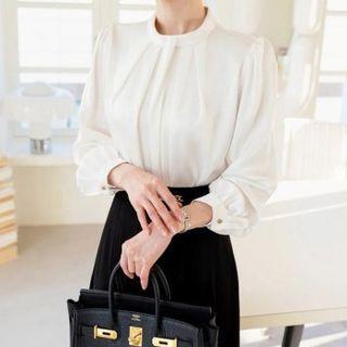 Stand-collar Pleated Satin Blouse