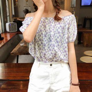 Off-shoulder Floral Blouse Purple - One Size