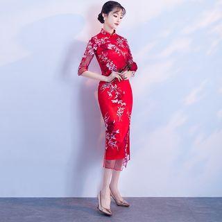 Elbow-sleeve Midi Qipao Sheath Dress