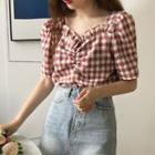 Ruffle Trim Plaid Blouse As Shown In Figure - One Size