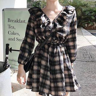3/4-sleeve Plaid Wide-leg Playsuit