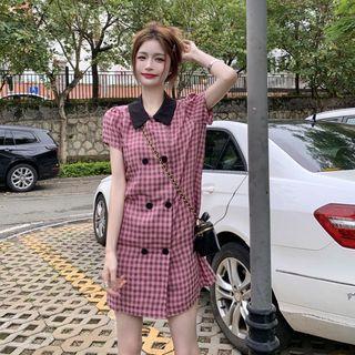 Short-sleeve Gingham Mini Blazer Dress Gingham - Purplish Pink - One Size
