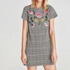 Short Sleeve Floral Embroidered Sequined Plaid Sheath Dress