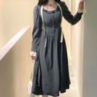 Long-sleeve Midi A-line Dress Dark Gray - One Size