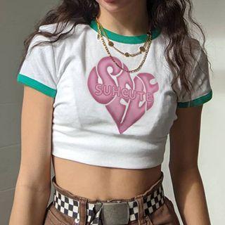 Short Sleeve Lettering Heart Print Contrast-trim Crop Top