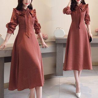 Dotted Long-sleeve Ruffled Midi A-line Dress
