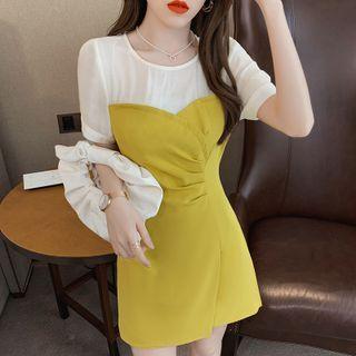Short-sleeve Two-tone Shirred Mini A-line Dress