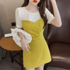 Short-sleeve Two-tone Shirred Mini A-line Dress