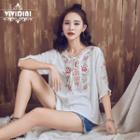3/4-sleeve Embroidered Floral Frill Trim Chiffon Top