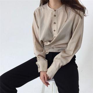 Plain Long-sleeve Blouse Almond - One Size